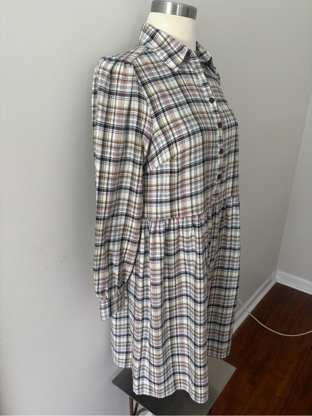 LOFT Plaid Button-Down Midi Babydoll Shirt Dress SP Dark Academia Preppy Fall - Picture 4 of 9
